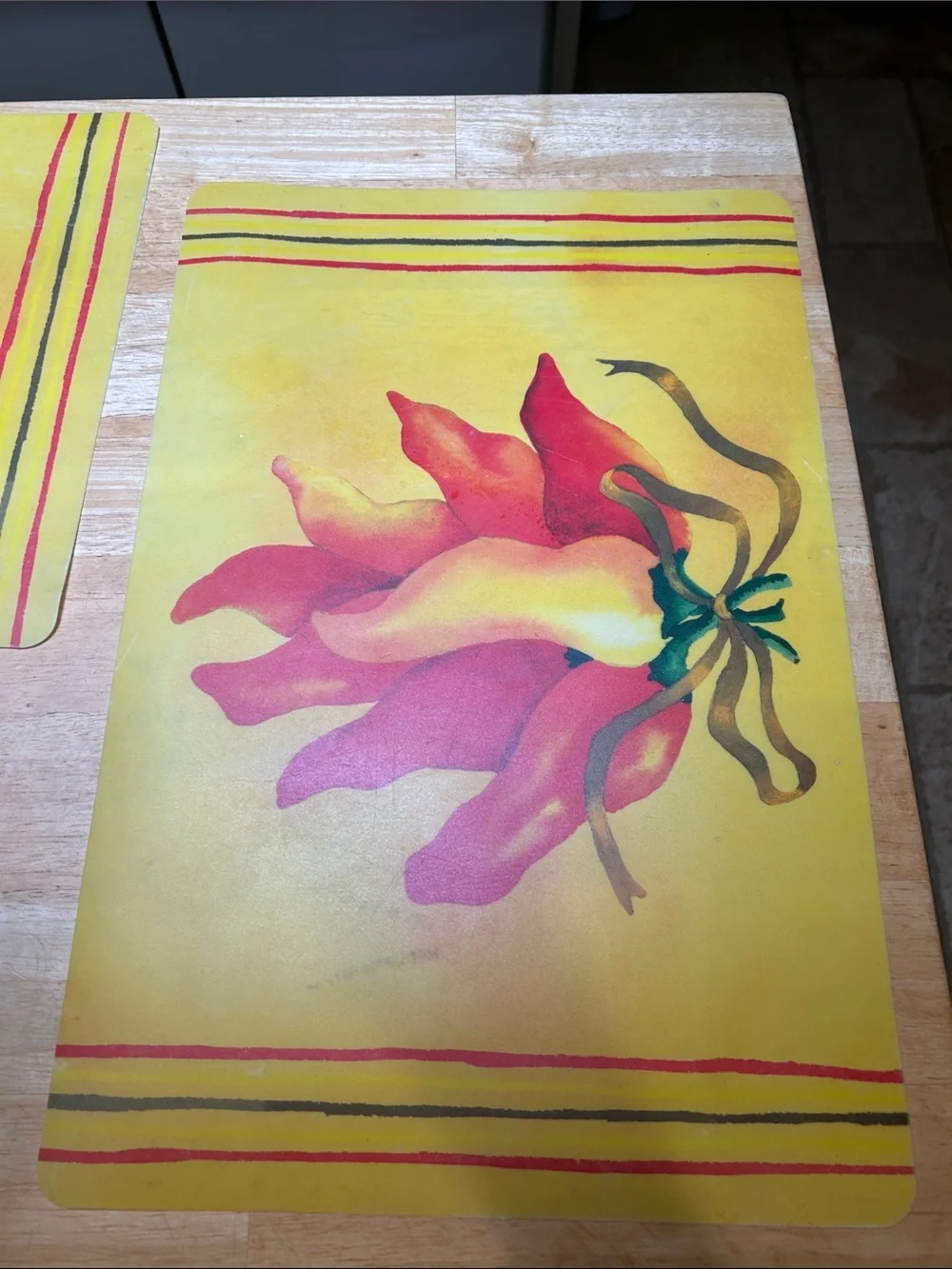 Bright Yellow Floral Plastic Wipe Off Placemat Set - Red & Green Chili 🌶️Accents